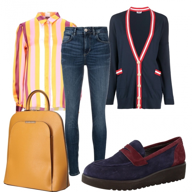 Outfit donna - Trendy #18057. Stile Trendy per Tutti i giorni. Abbinamento con zaini, camicie, mocassini, cardigans, jeans skinny.