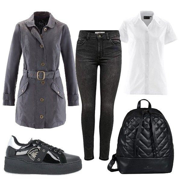 Outfit donna - Zainetto con carattere. Stile Basic per Scuola/Università. Abbinamento con camicie a manica corta, trench, sneakers, zaini, pantaloni.