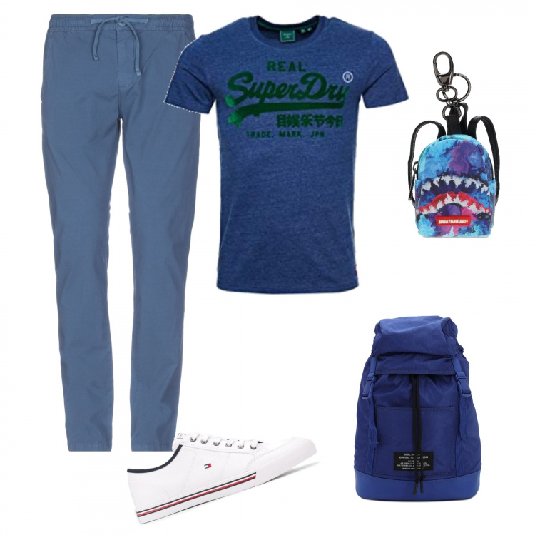 Outfit uomo - Picnic. Stile Casual per Tutti i giorni. Abbinamento con pantaloni, sneakers, portachiavi, t-shirt, borse sportive.