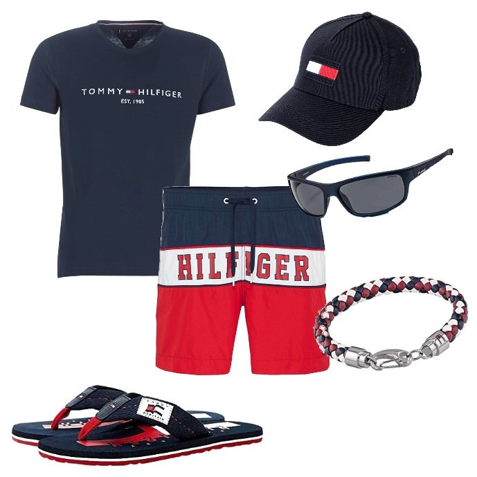 Outfit uomo - In barca con Tommy. Stile Casual per Mare. Abbinamento con cappelli con visiera, t-shirt, costumi, braccialetti, occhiali da sole, sandali.