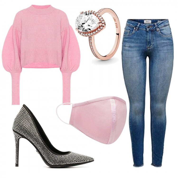 Outfit donna - Sempre trendy. Stile Trendy per Ufficio. Abbinamento con décolleté, maglioni, anelli, pullovers, jeans skinny.