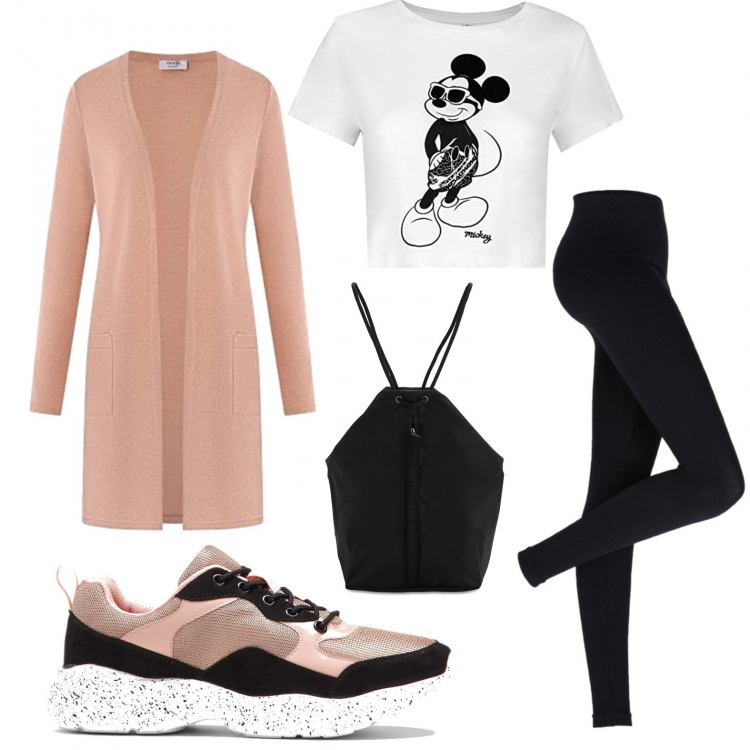 Outfit donna - Giornata al parco. Stile Urban per Sport. Abbinamento con leggings, sneakers, cardigans, t-shirt, zaini.