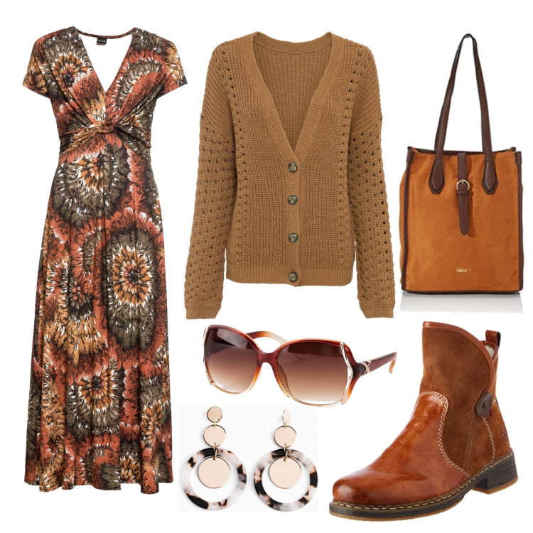 Outfit donna - Primavera Autunno. Stile Trendy per Tutti i giorni. Abbinamento con vestiti lunghi, cardigans, occhiali da sole, orecchini, stivali, borse tote.