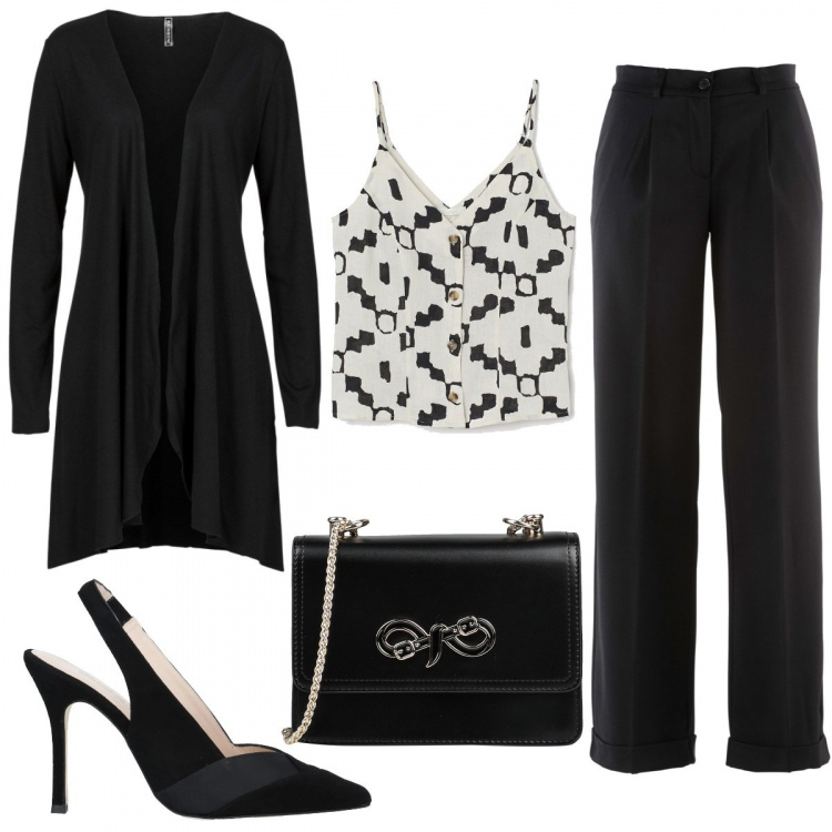 Outfit donna - Chic e Low Cost. Stile Chic per Serata fuori. Abbinamento con pantaloni, cardigans, décolleté, borse a tracolla, top.
