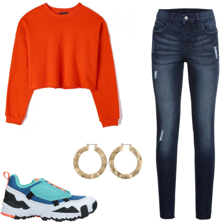 Outfit donna - Felpa arancione. Stile Urban per Scuola/Università. Abbinamento con jeans strappati, pantaloni, sneakers, felpe.