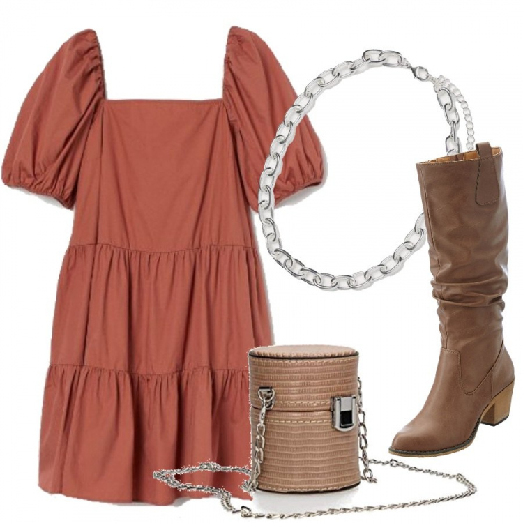 Outfit donna - Ruggine e fango. Stile Trendy per Tutti i giorni. Abbinamento con stivali, vestiti corti, borse a tracolla, collane.