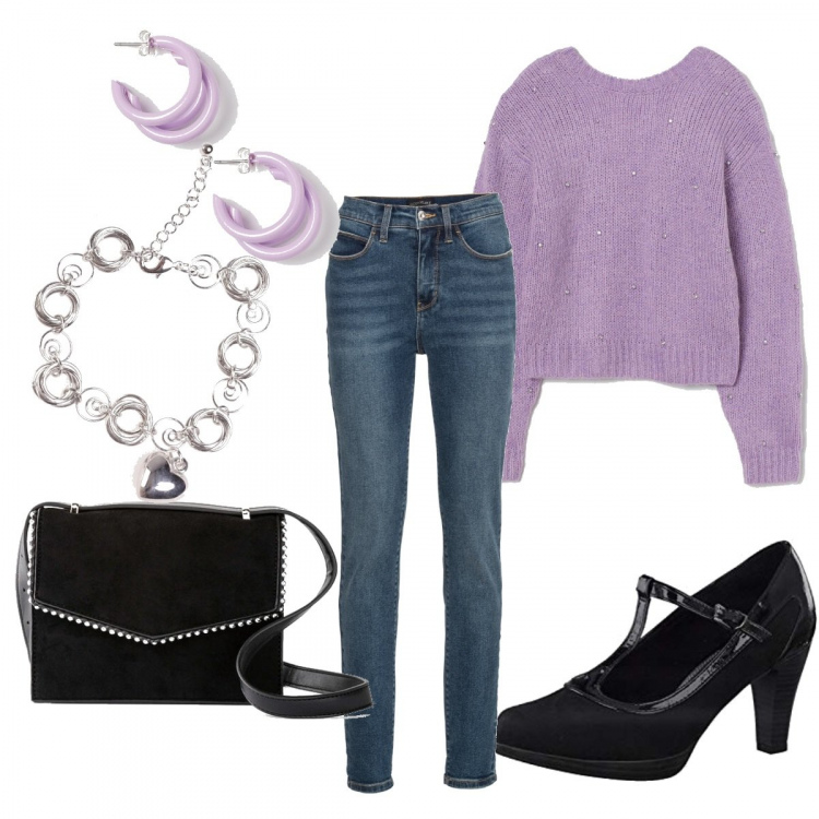 Outfit donna - Semplice e romantico. Stile Trendy per Ufficio. Abbinamento con jeans skinny, borse a tracolla, braccialetti, pullovers, mocassini, orecchini.