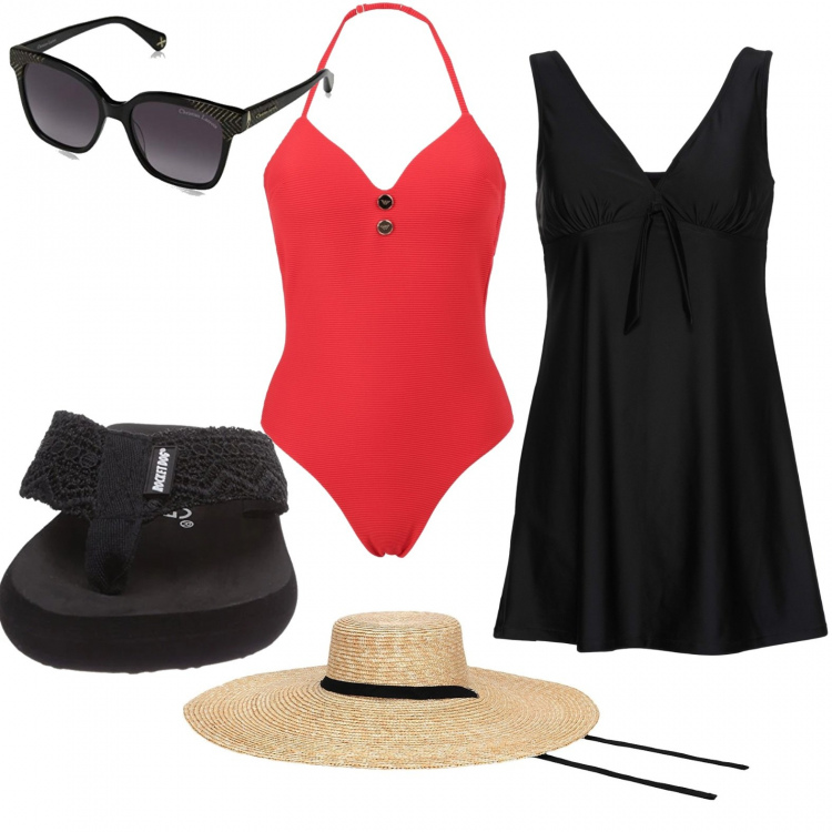 Outfit donna - Un bagno insieme a Giorgio. Stile Basic per Mare. Abbinamento con vestiti da spiaggia, costumi interi, cappelli, infradito, occhiali da sole.