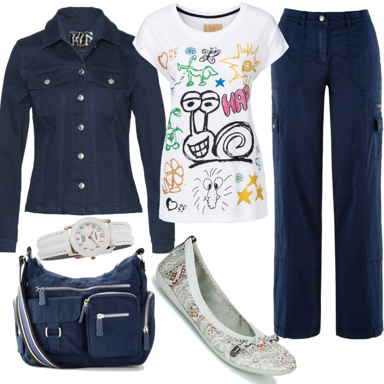 Outfit donna - 136- borsa multitasche. Stile Basic per Scuola/Università. Abbinamento con pantaloni cargo, borse a tracolla, blazer, t-shirt, ballerine, orologi analogici.