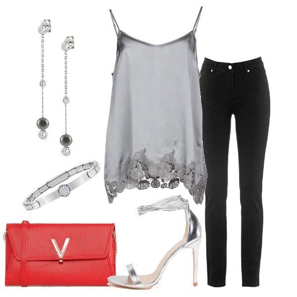Outfit donna - Top in raso e jeans. Stile Trendy per Serata fuori. Abbinamento con jeans dritti.