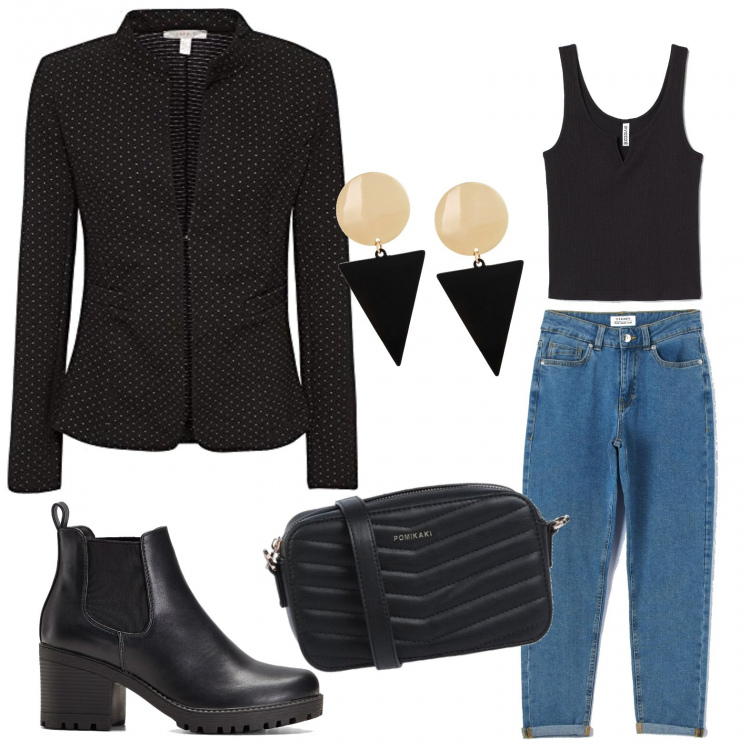 Outfit donna - Rock #1512. Stile Rock per Tutti i giorni. Abbinamento con stivaletti chelsea, orecchini, borse a tracolla, jeans mom, blazer, canottiere.