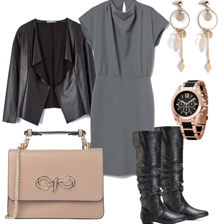 Outfit donna - Pronta per uscire. Stile Bon Ton per Serata fuori. Abbinamento con stivali sopra il ginocchio, orecchini, top, borse a tracolla, giacche, vestiti corti.