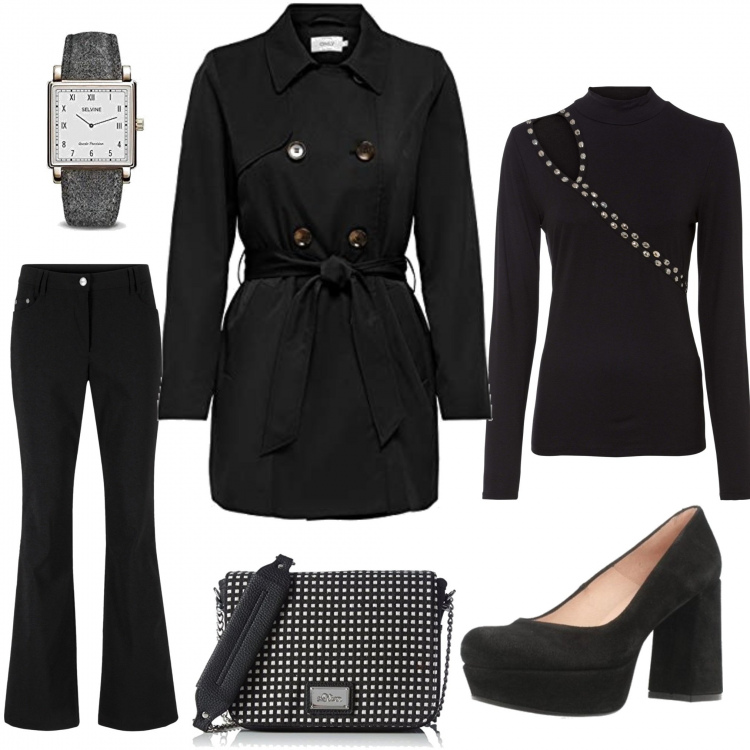 Outfit donna - Nero Totale. Stile Basic per Ufficio. Abbinamento con pantaloni, pullovers, décolleté, trench, orologi analogici, borse a tracolla.
