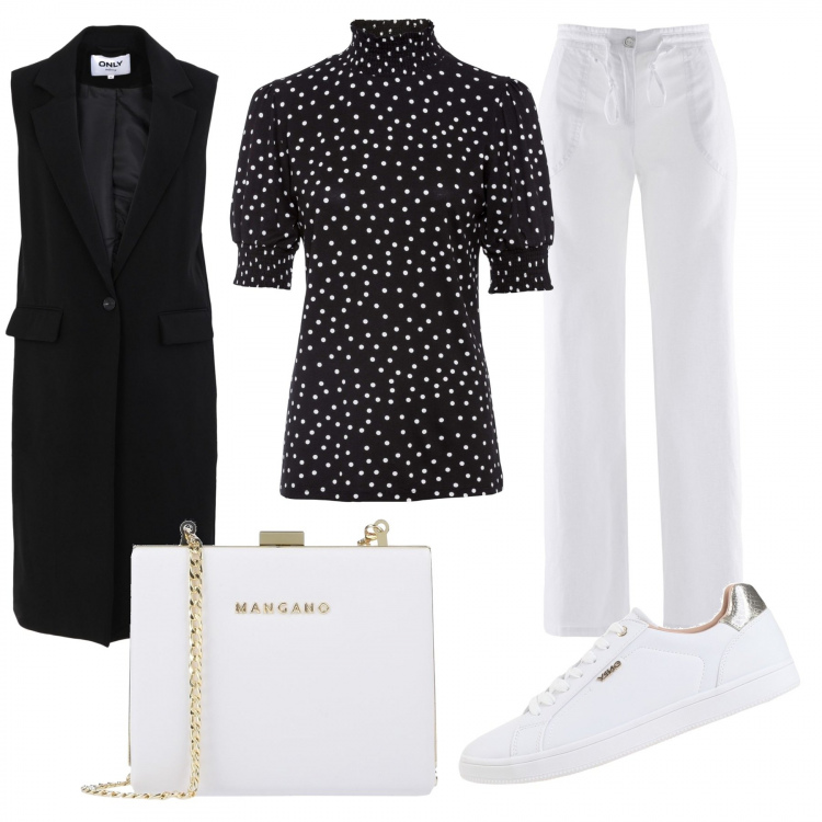 Outfit donna - Ultima domenica di febbraio. Stile Trendy per Tutti i giorni. Abbinamento con pantaloni a palazzo, top con spalline e zip in materiale riciclato, sneakers, borse a mano, blazer.