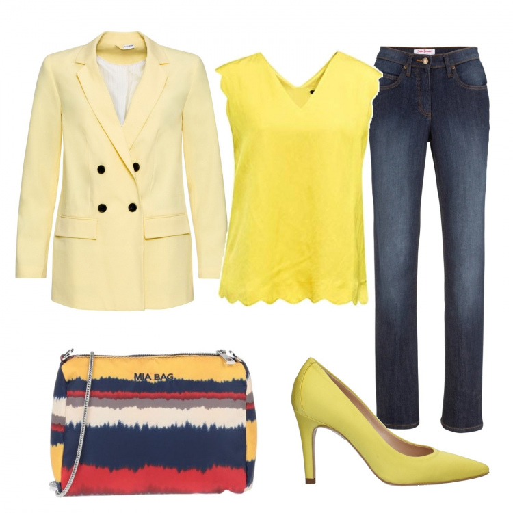 Outfit donna - Yellow @work. Stile Trendy per Ufficio. Abbinamento con jeans dritti, blazer, décolleté, borse a mano, camicie.