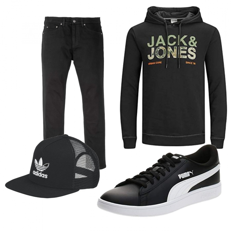 Outfit uomo - Casual #6762. Stile Casual per Tutti i giorni. Abbinamento con jeans slim fit, cappelli con visiera, sneakers, felpe con cappuccio.