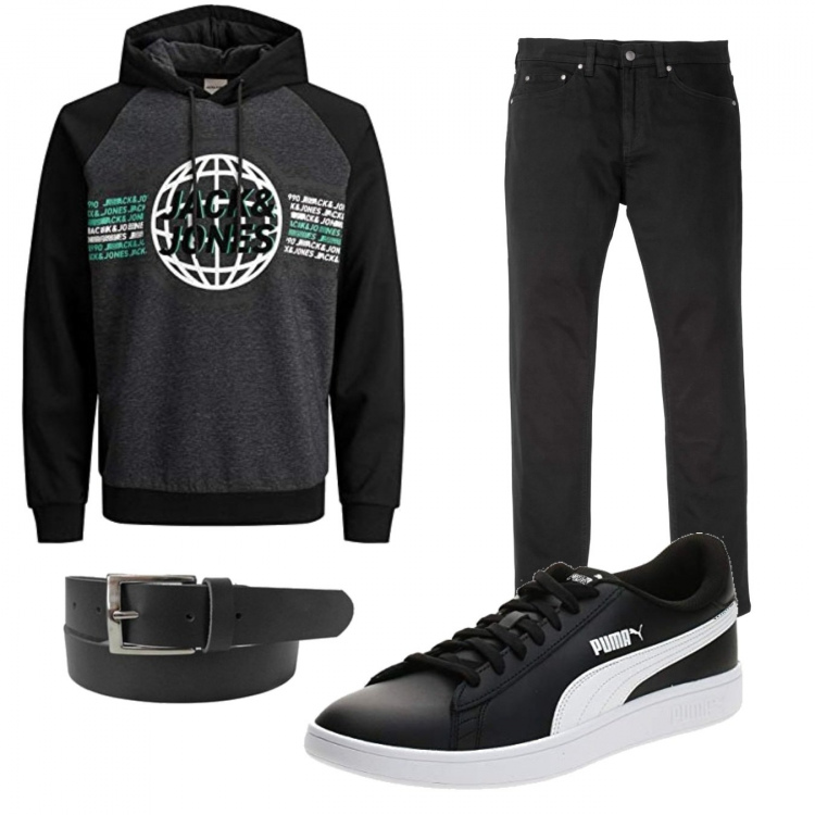 Outfit uomo - Urban #3059. Stile Urban per Tutti i giorni. Abbinamento con jeans slim fit, cinture, felpe con cappuccio, sneakers.