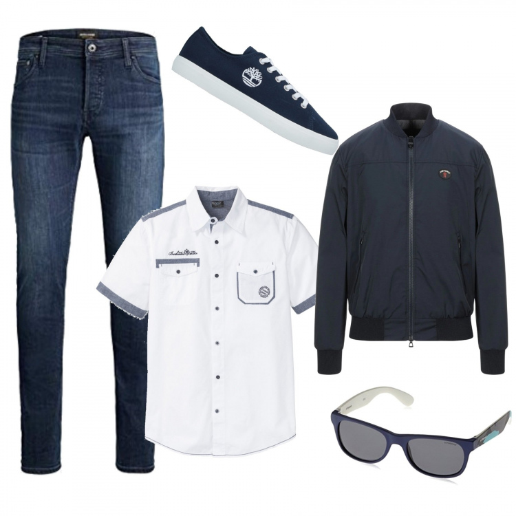 Outfit uomo - Pomeriggio di primavera. Stile Casual per Tutti i giorni. Abbinamento con camicie a manica corta, cappotti, sneakers, occhiali da sole, jeans.