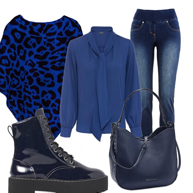 Outfit donna - La mantella blu maculata. Stile Basic per Tutti i giorni. Abbinamento con jeans, camicie, borse a tracolla, cappotti, stivaletti.