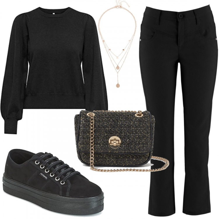 Outfit donna - Black and gold. Stile Trendy per Tutti i giorni. Abbinamento con pantaloni, ciondoli, sneakers, borse a mano, pullovers.