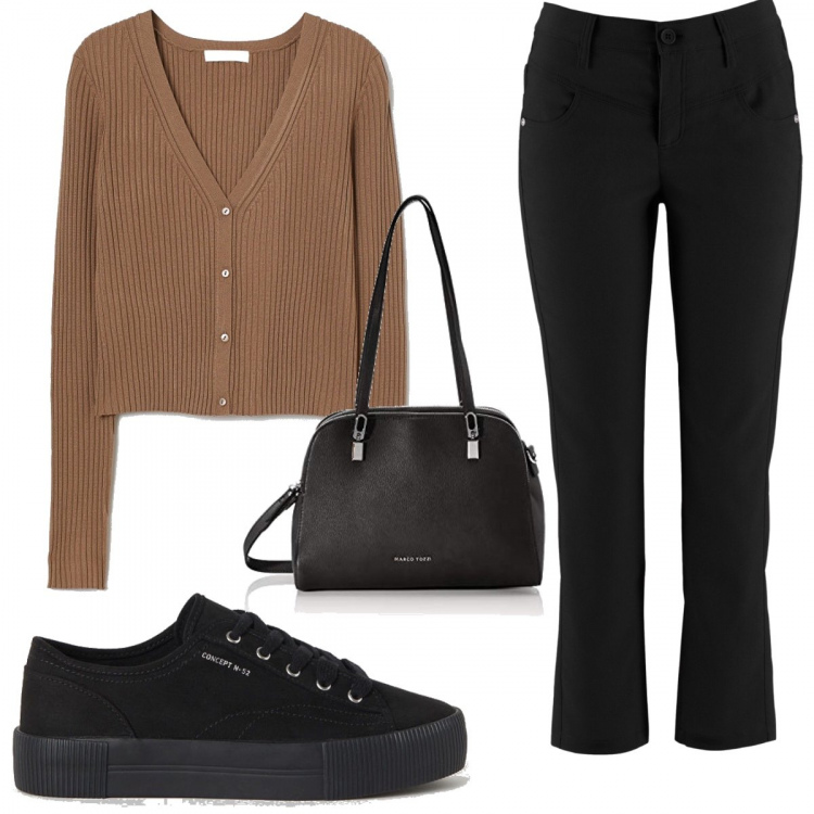 Outfit donna - Basic. Stile Basic per Tutti i giorni. Abbinamento con pantaloni, cardigans, sneakers, borse a tracolla.