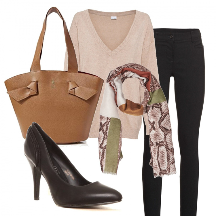Outfit donna - Curvy. Abbinamento con maglieria, pantaloni skinny, sciarpe, décolleté, borse a mano.