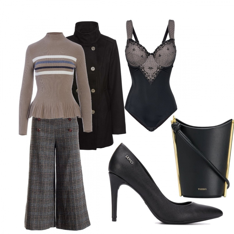 Outfit donna - Maglione e pantaloni. Stile Trendy per Tutti i giorni. Abbinamento con body, caban, maglieria, pantaloni culotte, décolleté, borse a secchiello.