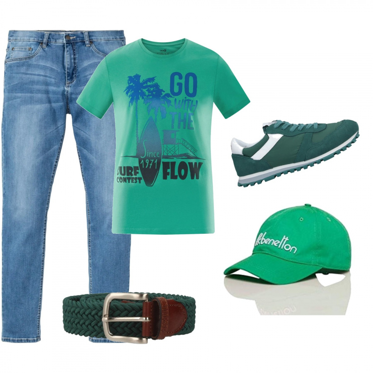 Outfit uomo - Il cappellino Benetton. Stile Casual per Tutti i giorni. Abbinamento con jeans, sneakers, cinture, t-shirt, berretti.