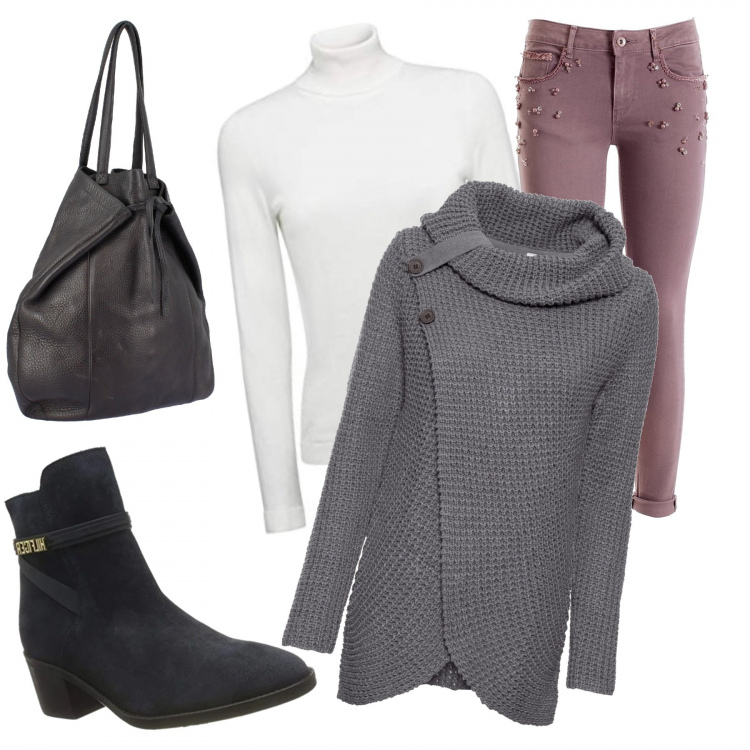 Outfit donna - Basic #10309. Stile Basic per Tutti i giorni. Abbinamento con maglieria, jeans skinny, borse a secchiello, stivali, maglioni.