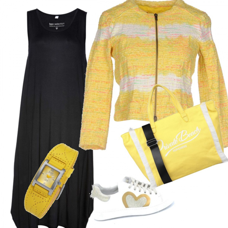 Outfit donna - Trendy #18574. Stile Trendy per Tutti i giorni. Abbinamento con vestiti midi/longuette, blazer, borse a mano, sneakers, orologi.