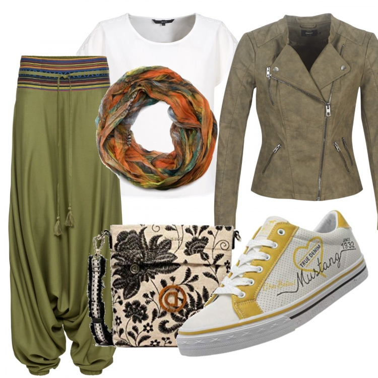 Outfit donna - Etnico #759. Stile Etnico per Tutti i giorni. Abbinamento con pantaloni, camicie, giacche, foulard, borse a tracolla.