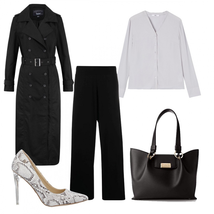 Outfit donna - Chic #10198. Stile Chic per Ufficio. Abbinamento con trench, décolleté, pantaloni a palazzo, shopping bag, bluse.