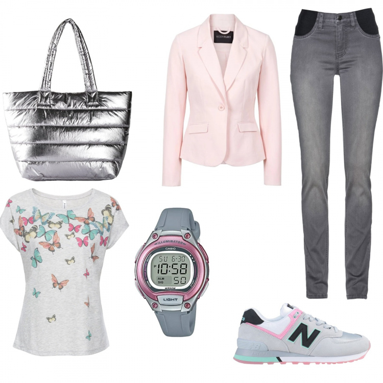 Outfit donna - Rosa confetto. Stile Basic per Tutti i giorni. Abbinamento con blazer, maglieria, jeans, borse a mano, sneakers, orologi digitali.