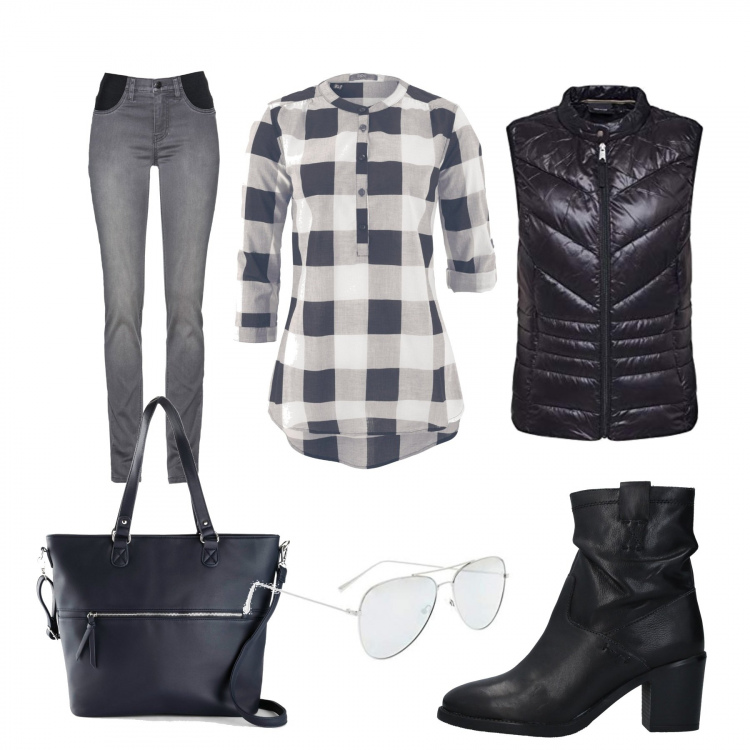 Outfit donna - Mi prendo sul serio. Stile Trendy per Tutti i giorni. Abbinamento con jeans, bluse, shopping bag, stivaletti, gilet, occhiali da sole.