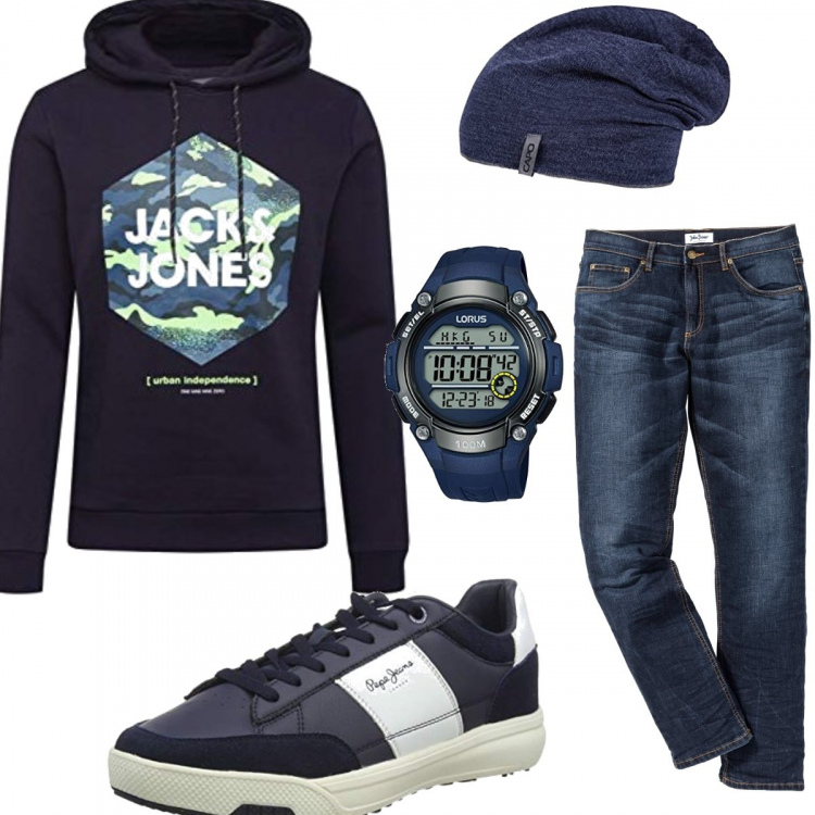 Outfit uomo - Al mare. Stile Urban per Tutti i giorni. Abbinamento con jeans slim fit, orologi digitali, sneakers, berretti, felpe con cappuccio.
