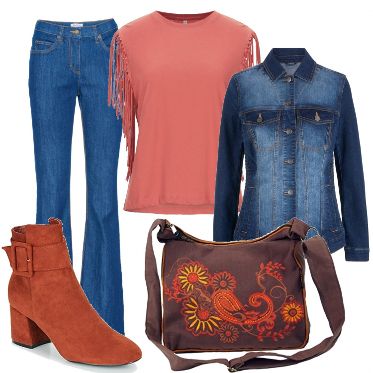 Outfit mujer - Aiyana.. Estilo Trendy para Todos los días. Combinación con bandoleras, botines, vaqueros bootcut, blazers, camiseta.
