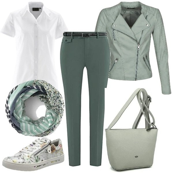 Outfit donna - Zona verde. Stile Basic per Tutti i giorni. Abbinamento con camicie a manica corta, blazer, pantaloni, sneakers, borse a tracolla, sciarpe.