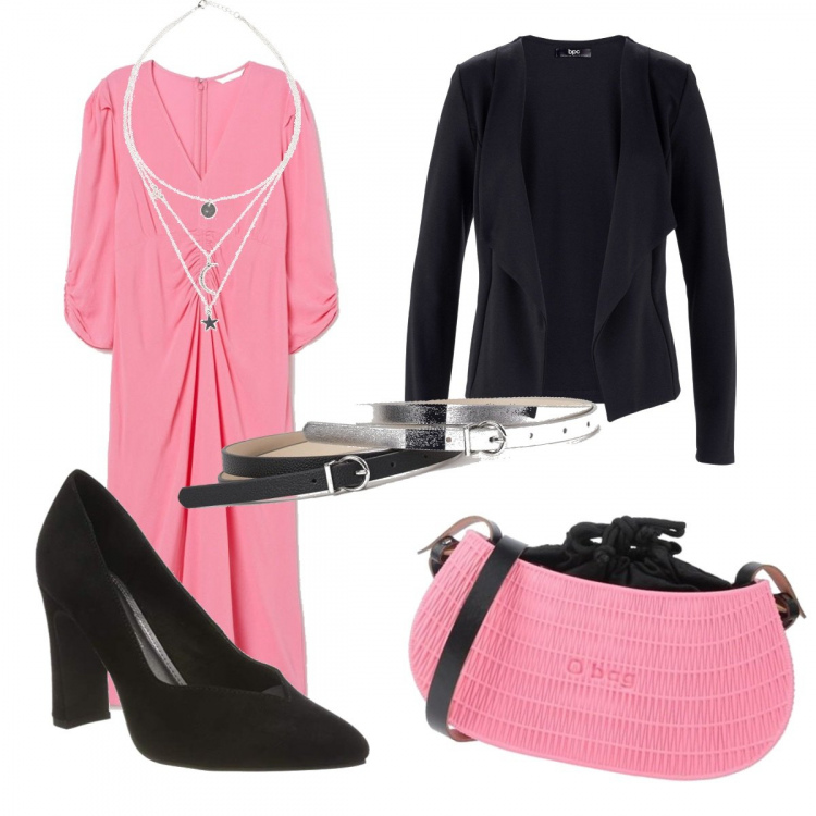 Outfit donna - Chic #10255. Stile Chic per Serata fuori. Abbinamento con blazer, collane, borse a tracolla, vestiti midi/longuette, scarpe col tacco, cinture.