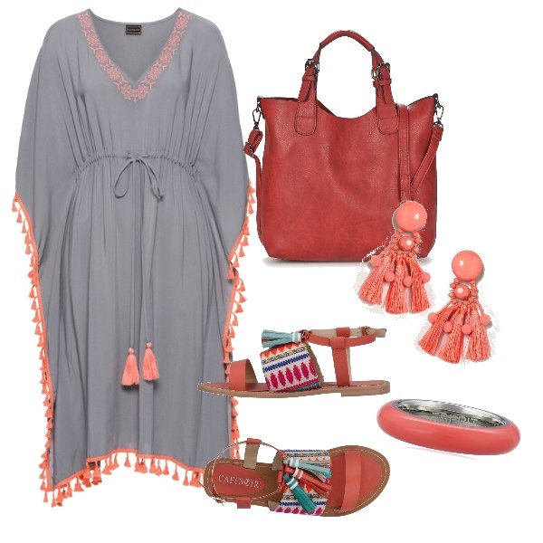 Outfit donna - Etnic Style. Stile Etnico per Tutti i giorni. Abbinamento con body, sandali fantasia multicolore effetto laminato senza tacco con fibbia e punta tonda con nappine, borsetta rosso, anelli, orecchini con perline e nappine oro.