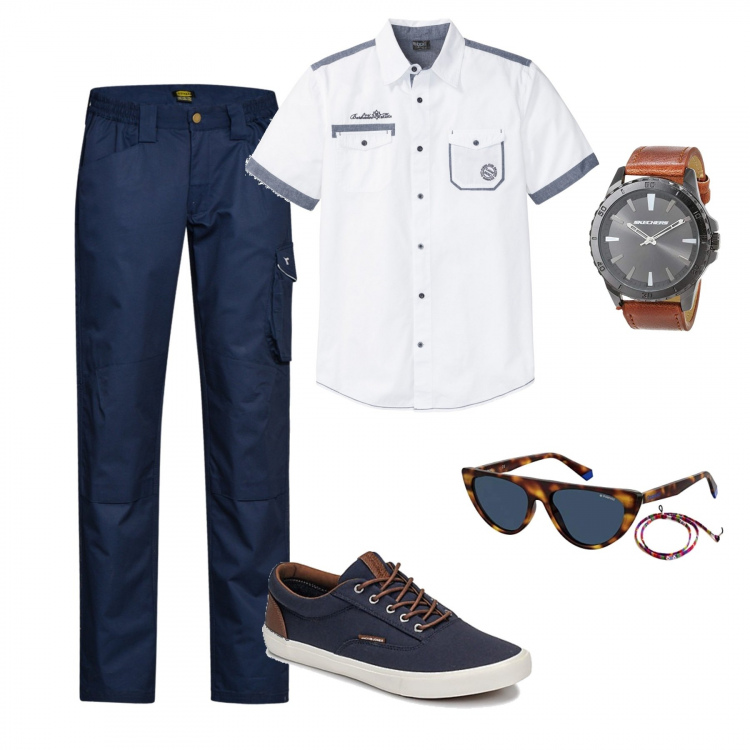 Outfit uomo - Sera di primavera. Stile Casual per Serata speciale. Abbinamento con camicie a manica corta, pantaloni cargo, sneakers, orologi, occhiali da sole.