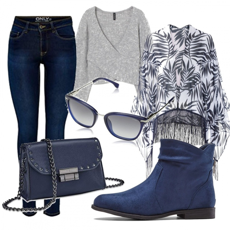 Outfit donna - Jeans in ufficio. Stile Trendy per Ufficio. Abbinamento con stivaletti, cappotti, pullovers, jeans, occhiali da sole, borse a mano.