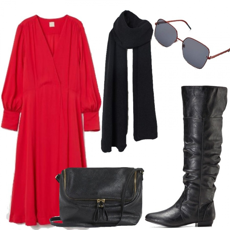 Outfit donna - Rosso urbano. Stile Trendy per Tutti i giorni. Abbinamento con stivali sopra il ginocchio, occhiali da sole, vestiti lunghi, borse a tracolla, sciarpe.