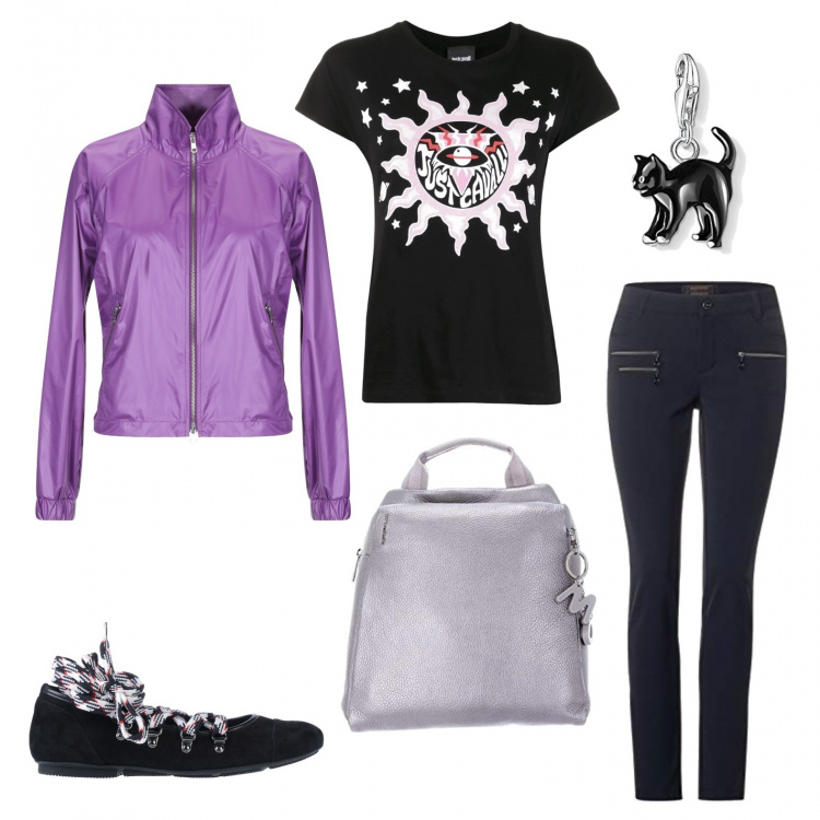 Outfit donna - Basic #10495. Stile Basic per Scuola/Università. Abbinamento con ballerine, cappotti, t-shirt, pantaloni culotte, ciondoli, zaini.