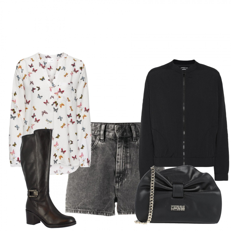 Outfit donna - Urban #6127. Stile Urban per Tutti i giorni. Abbinamento con bluse, borse a mano, stivali sopra il ginocchio, shorts, blazer.