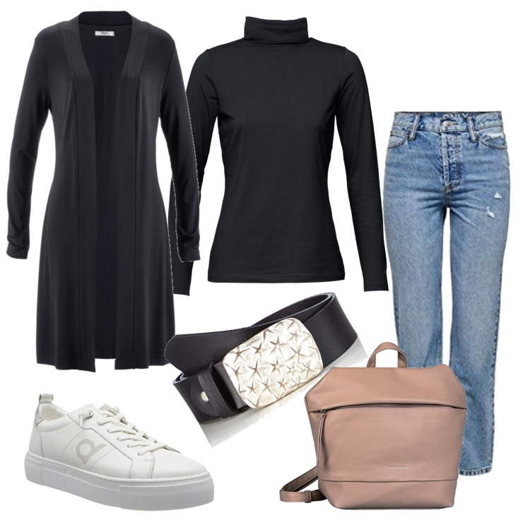 Outfit donna - Focus Donna Lo zainetto glam. Stile Trendy per Tutti i giorni. Abbinamento con cardigans, maglieria, zaini, jeans, sneakers, cinture.