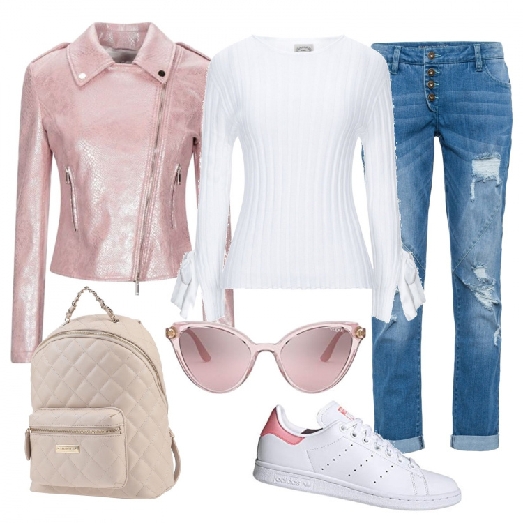 Outfit donna - Domenica all\'aperto. Stile Basic per Tutti i giorni. Abbinamento con jeans boyfriend, giacche, pullovers, zaini, sneakers, occhiali da sole.