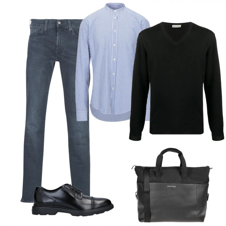 Outfit uomo - La valigetta da lavoro. Stile Business/Elegante per Ufficio. Abbinamento con jeans slim fit, maglioni, borse sportive, scarpe stringate, camicie.