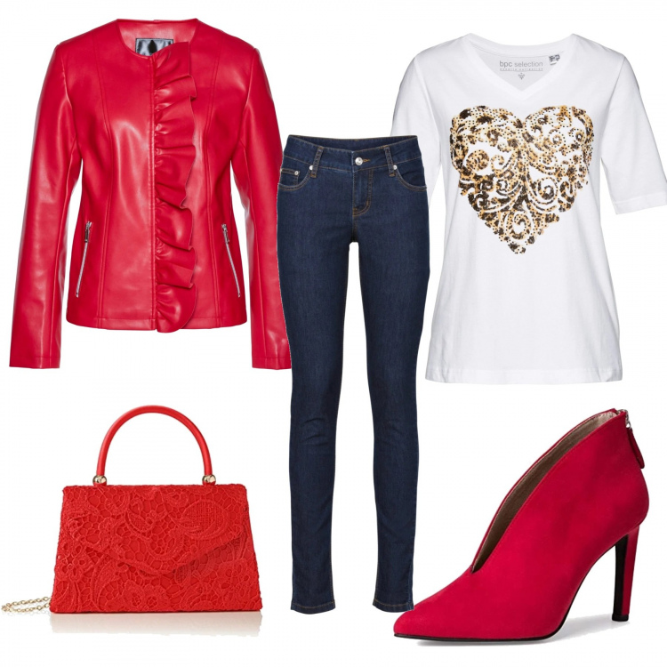 Outfit donna - Sabato sera appena si potrà. Stile Rock per Serata fuori. Abbinamento con jeans skinny, t-shirt, blazer, stivaletti, borse a mano.