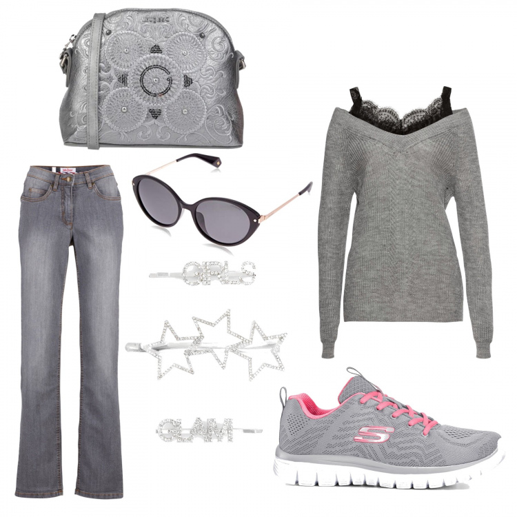 Outfit donna - Argento. Stile Trendy per Tutti i giorni. Abbinamento con jeans dritti, maglieria, sneakers, accessori per capelli, borse a tracolla, occhiali da sole.