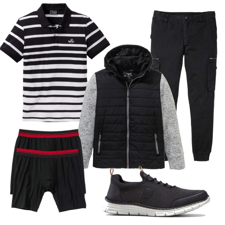 Outfit uomo - Sportivo quanto basta. Stile Casual per Tutti i giorni. Abbinamento con boxer, cappotti, pantaloni cargo, sneakers, polo.
